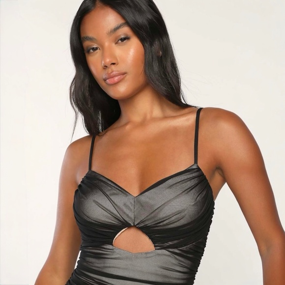 On Trend [Lulus] Sexy NWT Ruched Black Mesh Overlay Bodycon Mini Dress | Small - Picture 13 of 14